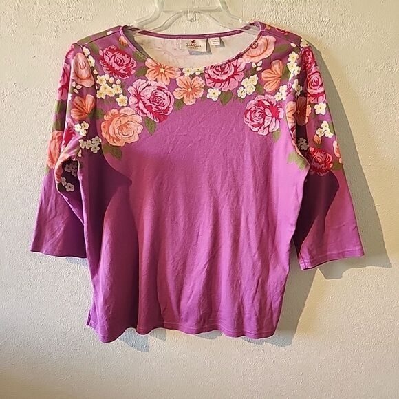 Quacker Factory 3/4 Sleeve T-Shirt with Floral Roses Bling Purple Medium - Picture 1 of 5